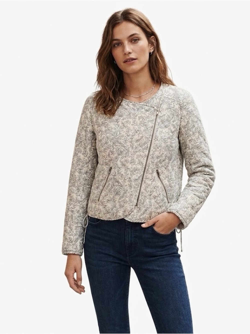 BA&SH Notca Quilted Floral Asymmetrical Zip Jacket Size EU 3 US 8